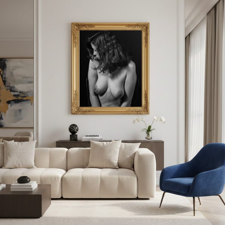 Photo originale signée par l'artiste. Nu artistique encadrée accrochée dans un grand salon très lumineux..