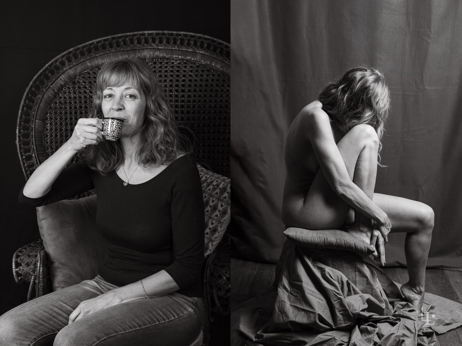 diptyque en noir et blanc. Une femme pose durant une séance boudoir à Chantilly dans l'Oise.